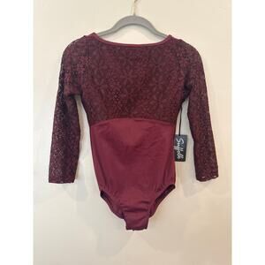 NWT Suffolk Embroidered Mesh 3/4 Sleeve Leotard Merlot M
